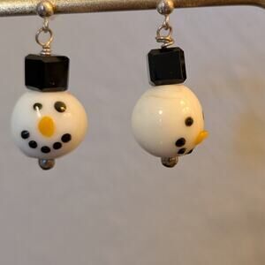 Vintage Glass Snowman Dangle Pierced Earrings
